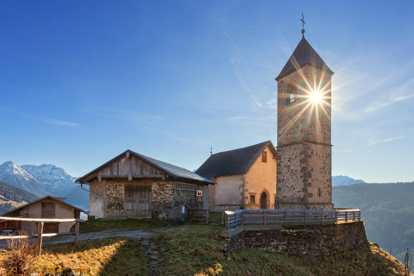 Europe, Italy, Veneto, Belluno. The small gothic church of Casamazzagno, Comelico Superiore. Dolomites