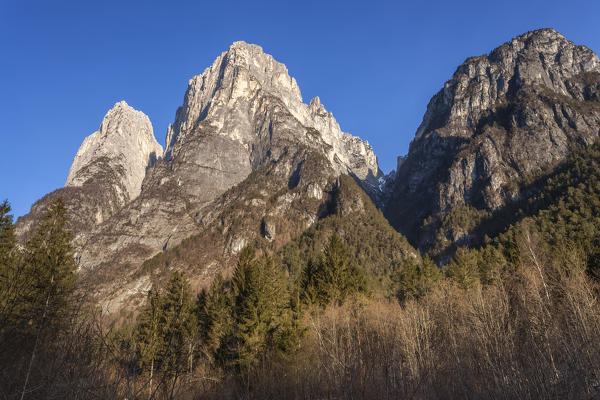 Europe, Italy, Veneto, Belluno. Pale di San Lucano, Agordino, Dolomites. In detail from the right the First, the Second and Third Pala. Between the first and second Pala is in evidence the Boral de la Besausega.