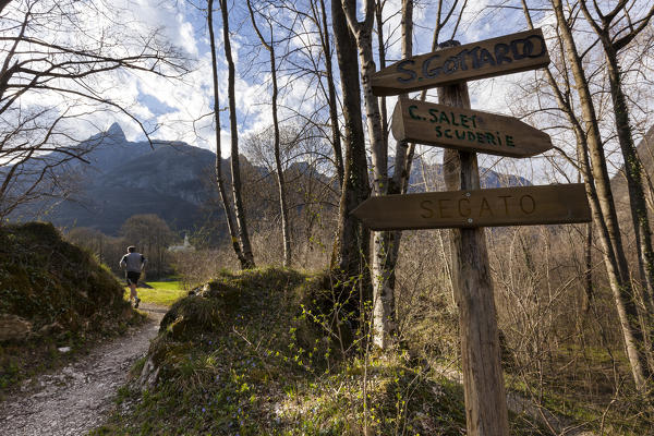 Information tables along the trail from the bridge over Cordevole river near Peron to San Gottardo village and Case Salet, Monti del Sole, National Park of Dolomiti Bellunesi