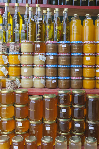 jams, oil, honey and others local products homemade, for sale in a market along the road near komin, croatia