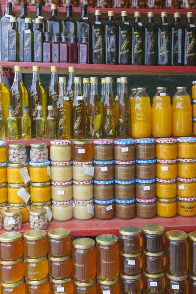 jams, oil, honey and others local products homemade, for sale in a market along the road near komin, croatia
