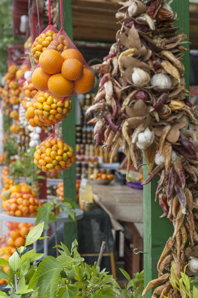 Citrus fruits and other local products on sale in a roadside fruit and vegetable stand near Komin, Croatia