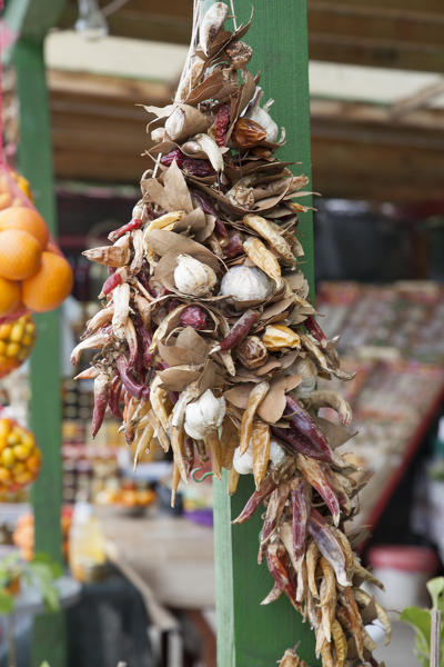 Citrus fruits and other local products on sale in a roadside fruit and vegetable stand near Komin, Croatia