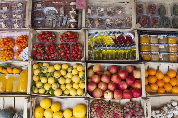 Local products, fruits and vegetables on sale in the market along the road near Komin, Croatia