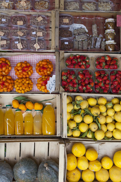 Local products, fruits and vegetables on sale in the market along the road near Komin, Croatia