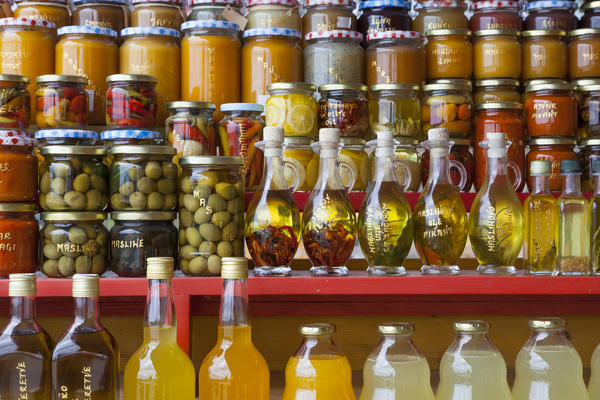 Local products on sale in the market along the road near Komin, Croatia