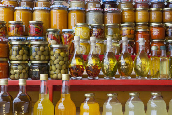 Local products on sale in the market along the road near Komin, Croatia