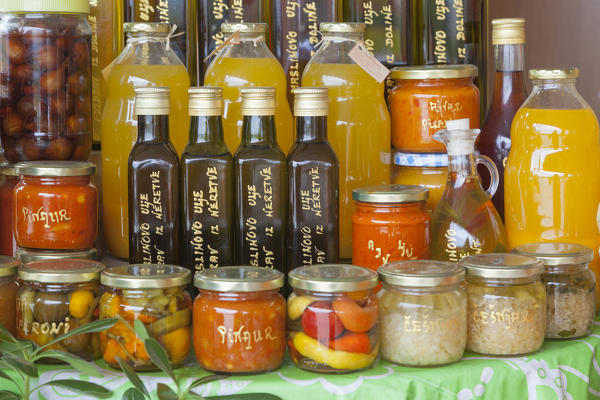 Local products on sale in the market along the road near Komin, Croatia