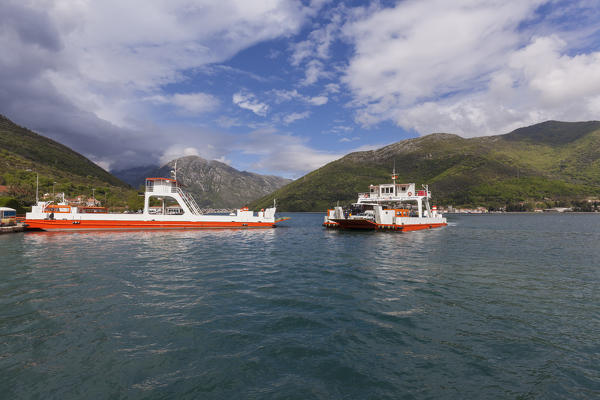 Ferry boat in the Bay of Kotor from Lepetane to Kamenari, Kotor Bay, Montenegro