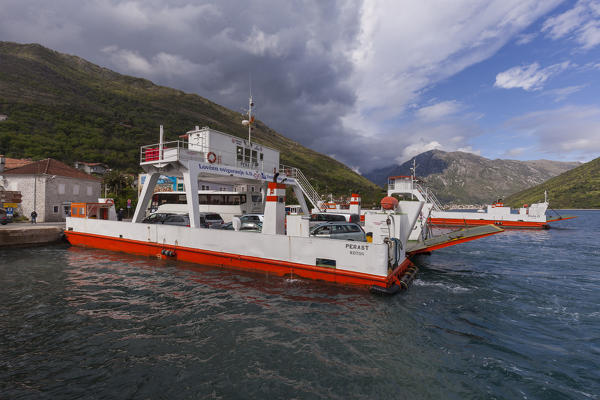 The two opposite sides of the Bay of Kotor are connected by a ferry between Lepetane and Kamenari, Kotor Bay, Montenegro