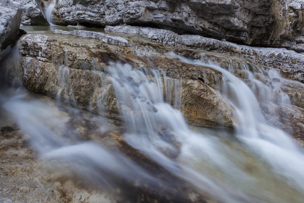 Dolomites, Belluno, Veneto, Italy.  Little waterfalls in the Val Soffia, Mis valley