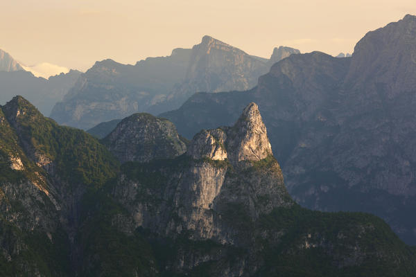 Belluno, Veneto, Italy, Dolomiti Bellunesi National Park. The characteristic pointed shape of Rocheta, as seen from south.