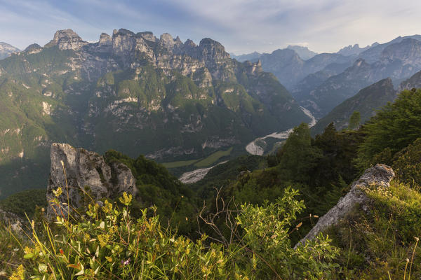 Belluno, Veneto, Italy, Dolomiti Bellunesi National Park. The south east side of the Monti del Sole as seen from Mount Peron