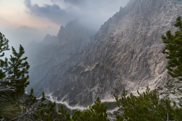 europe, North Italy, Veneto, Belluno, Monti del Sole, Dolomites. The impressive val Pegolera from the panoramic balcony of the Bus de le Neole fork