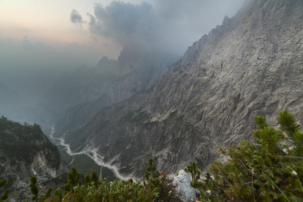 europe, North Italy, Veneto, Belluno, Monti del Sole, Dolomites. The impressive val Pegolera from the panoramic balcony of the Bus de le Neole fork 