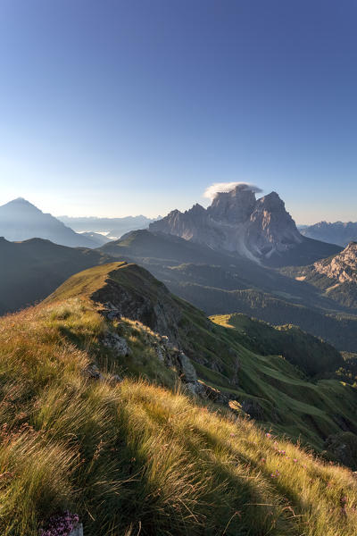 Europe, Italy, Veneto. View towards mount Pelmo as seen from the Mondeval or Corvo Alto. Seva di Cadore, Fiorentina valley, Belluno, Dolomites