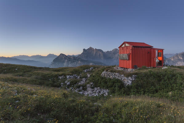 Bivouac Margherita Bedin on First Pala di San Lucano at dusk, Dolomites Agordino, Belluno, Italy, Europe.