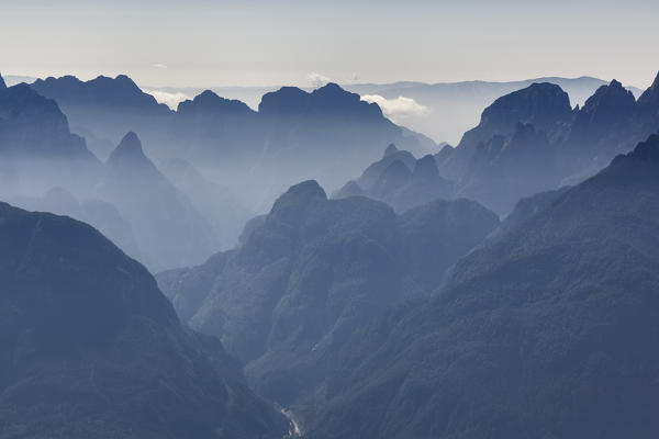 Succession of peaks southward, view from Second Pala di San Lucano. Dolomites, Agordino, Belluno, Veneto, Italy, Europe