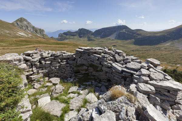 Europe, Italy, Veneto, Belluno. WWII military post at passo Pietena towards the Busa delle Vette, Vette Feltrine, Belluno Dolomites National Park