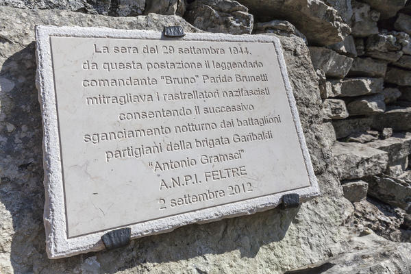 Europe, Italy, Veneto, Belluno. Military memorial stone at passo Pietena, Vette Feltrine, Belluno Dolomites National Park