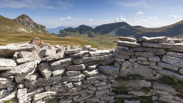 Europe, Italy, Veneto, Belluno. WWII military post at passo Pietena towards the Busa delle Vette, Vette Feltrine, Belluno Dolomites National Park