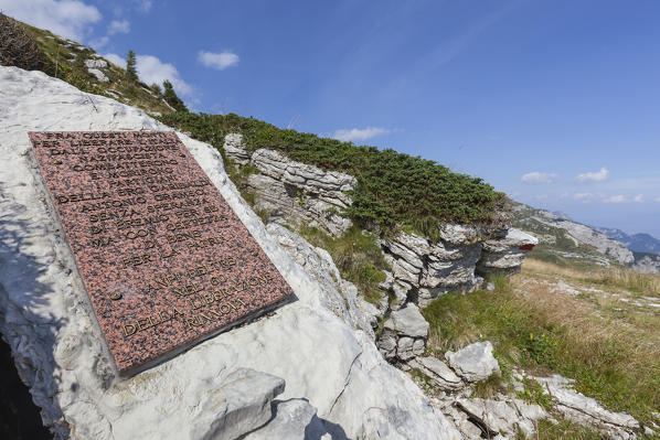 Europe, Italy, Veneto, Belluno. Military memorial stone at passo Pietena, Vette Feltrine, Belluno Dolomites National Park