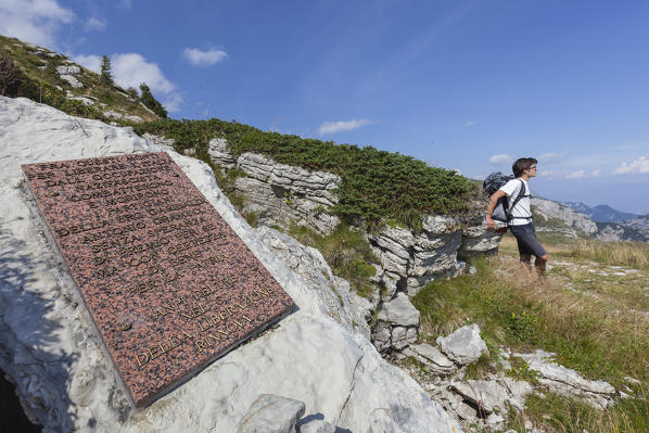 Europe, Italy, Veneto, Belluno. Military memorial stone at passo Pietena, Vette Feltrine, Belluno Dolomites National Park