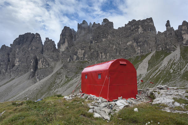 Europe, Italy, Friuli Pordenone. The bivouac Granzotto - Marchi in Val Monfalcon Forni towards the Cresta del Leone, Oltrepiave Dolomites