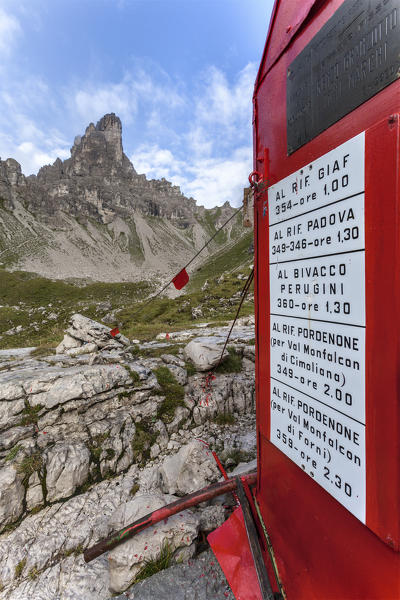 Europe, Italy, Friuli Pordenone. The bivouac Granzotto - Marchi in Val Monfalcon di Forni towards the Monfalcon di Cimoliana. Oltrepiave Dolomites