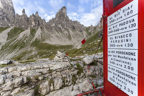 Europe, Italy, Friuli Pordenone. The bivouac Granzotto - Marchi in Val Monfalcon di Forni towards the Cresta del Leone and the Monfalcon di Cimoliana. Oltrepiave Dolomites