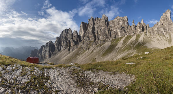 Europe, Italy, Friuli Pordenone. The bivouac Granzotto - Marchi in Val Monfalcon Forni towards the Croda Ultima del Leone, Cresta del Leone and Monfalcon di Cimoliana.
