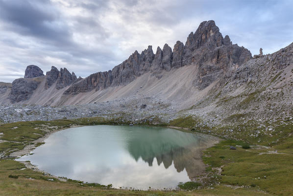 Europe, Italy. Laghi dei Piani (Bodenseen) and Mount Paterno at dawn, Sesto Dolomites, South Tyrol