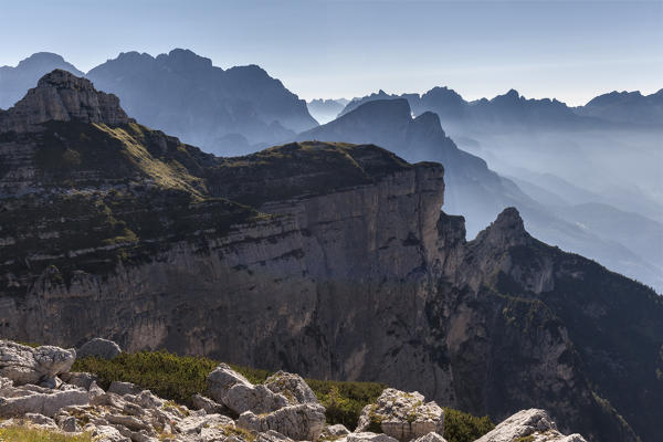 The first Pala of San Lucano. Following the Moiazza and Framont. In the background Tamer and San Sebastiano and  in the distance the group of Bosconero, Agordino, Belluno, Veneto, Italy