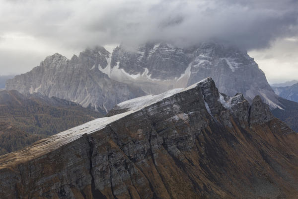 Europe, Italy, Veneto, Belluno, Mondeval Dolomites. Pelmo and Corvo Alto in one day of late autumn