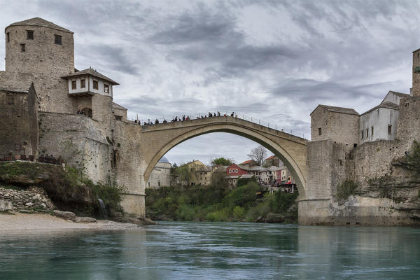 Eastern Europe, Mostar, Bosnia and Herzegovina. 
The Stari Most (Old Bridge), icon of the war in the Balkans