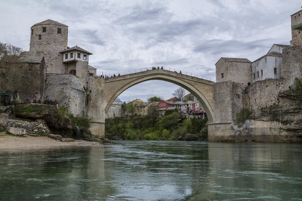 Eastern Europe, Mostar, Bosnia and Herzegovina. 
The Stari Most (Old Bridge), icon of the war in the Balkans
