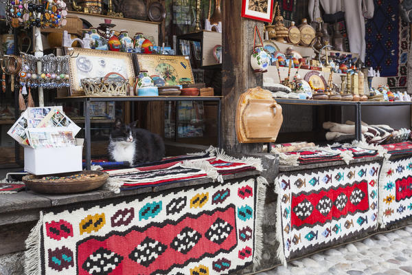 Eastern Europe, Bosnia and Herzegovina. 
Souvenirs in the town market of Mostar, Bosnia and Herzegovina