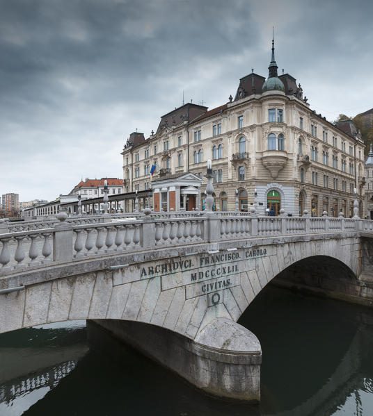 Europe, Slovenia. Tromostovje (Triple bridge) in the center of Ljubiana, capital city