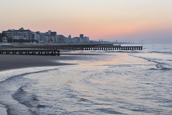 Europe, Italy, Veneto, Venezia. A view of Jesolo beach few minutes before the sunrise