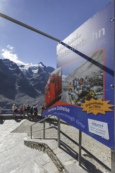 Europe, Austria, Carinthia. Tourist Info panel to the Funicular railway near the Kaiser-Franz-Josefs-Höhe at Grossglockner, High Tauern