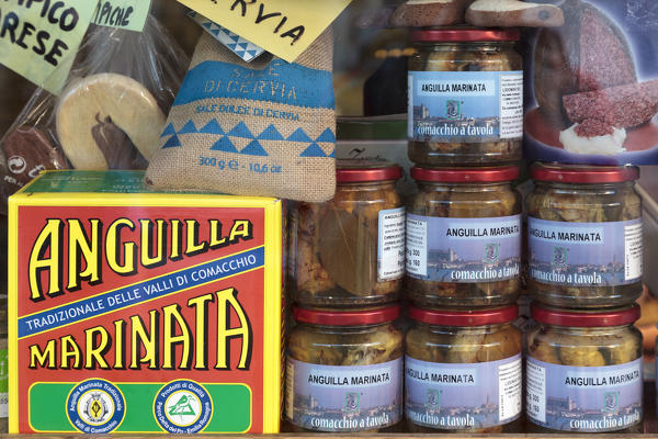 Europe, Italy, Emilia Romagna, Ferrara, Comacchio. 
Marinated eel and others typical product of comacchio valleys