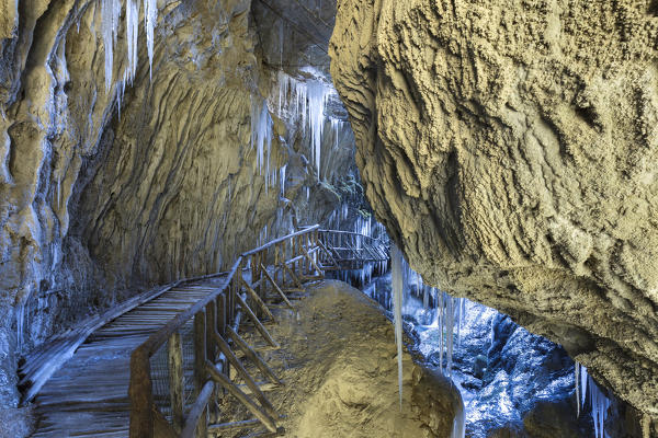 Europe, Italy, Veneto, Treviso, Fregona. The Caves of Caglieron in winter time