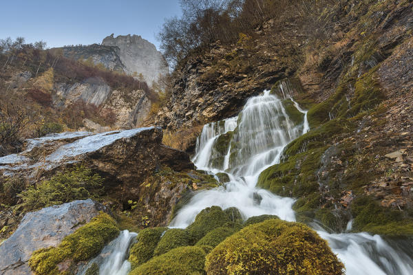 Europe, Italy, Veneto, Agordino, Taibon. The waterfall of Livinal in the San Lucano valley.
