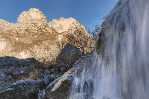 Europe, Italy, Veneto, Agordino, Taibon. The waterfall of Livinal in the San Lucano valley.