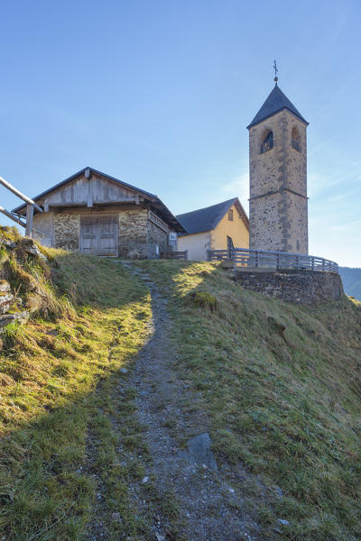 Europe, Italy, Veneto, Belluno. The small gothic church of Casamazzagno, Comelico Superiore. Dolomites