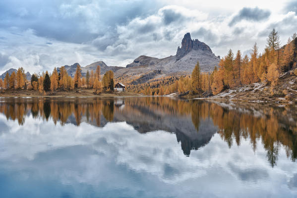 Europe, Italy, Veneto, Cortina d Ampezzo, Dolomites, symmetric reflection of the scenary near Palmieri hut or Croda da Lago hut with the Becco di Mezzodì in the background