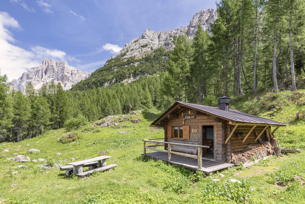Europe, Italy, Veneto, San Tomaso Agordino, Dolomites, the Col Mandro wooden hut with Civetta group on background