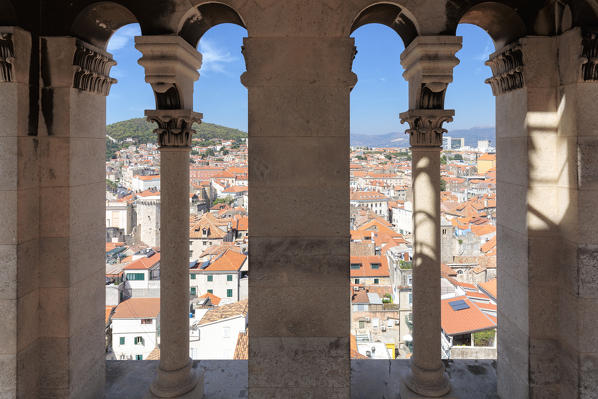View of Split old town and beyond from inside the bell tower of Cathedral of Saint Domnius, Dalmatia, Croatia