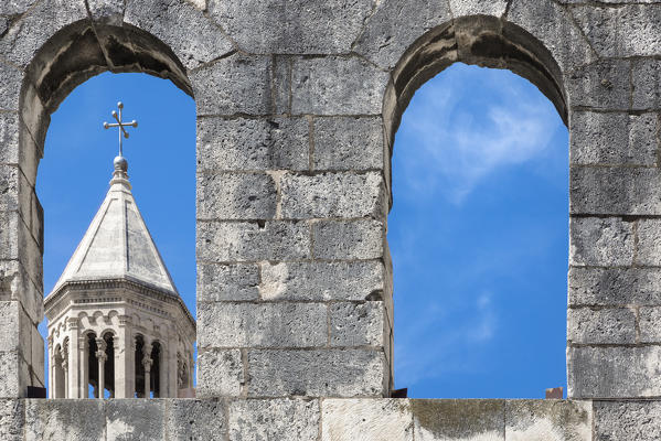 The bell tower of Cathedral of St Domnius through remains of Silver Gate, Split, Dalmatia, Croatia