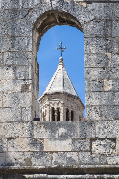 The bell tower of Cathedral of St Domnius through remains of Silver Gate, Split, Dalmatia, Croatia